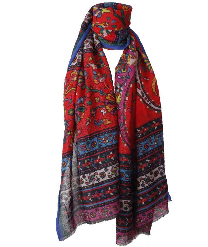 Wollen mousseline sjaal met kleurrijke mixed print