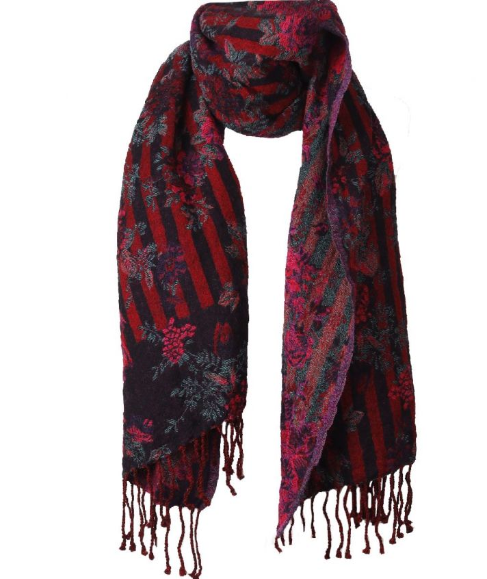 Wollen pashmina sjaal met bloemen- en strepenprint