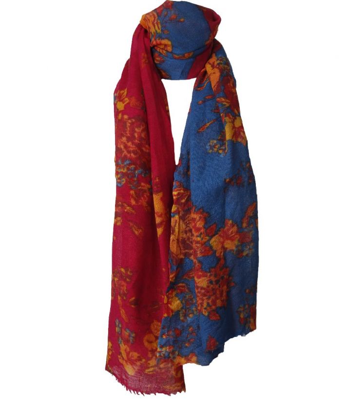 Wollen sjaal met bloemenprint in kobalt en hardroze