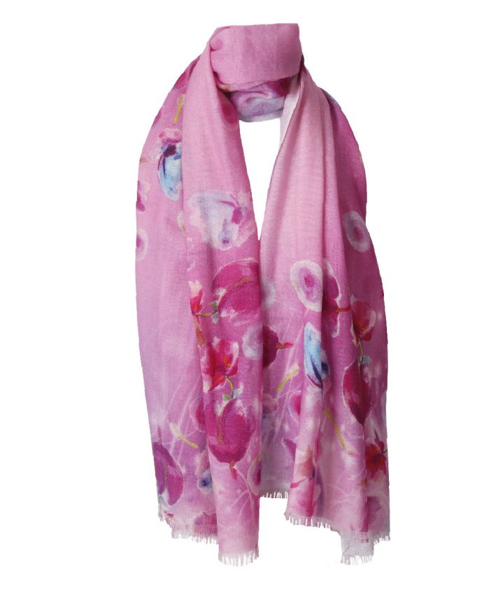 Wollen mousseline sjaal in roze met bloemen
