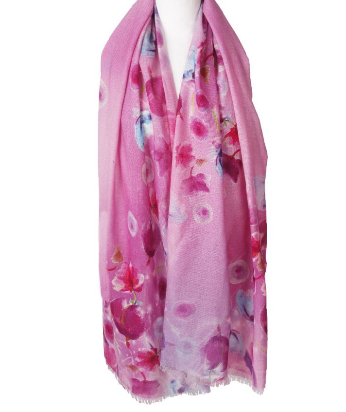 Wollen mousseline sjaal in roze met bloemen