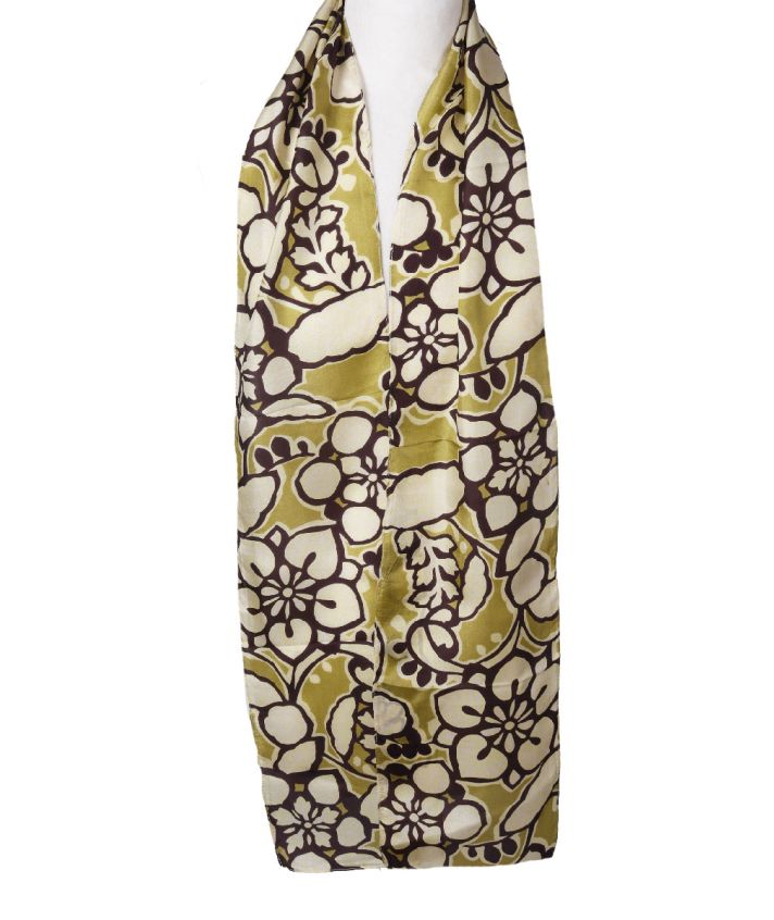 Zijden sjaal in olijfgroen met floral print