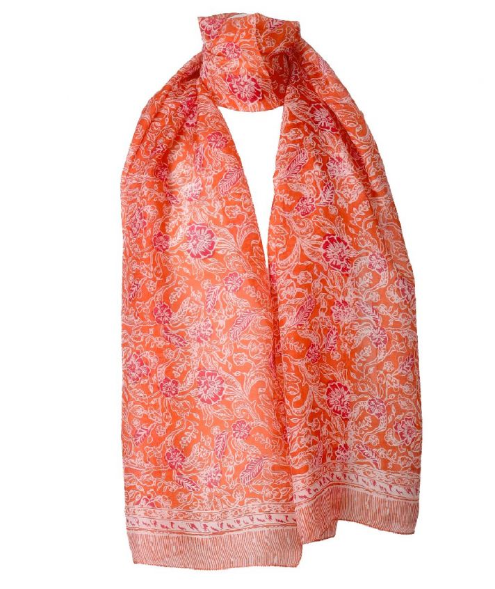 Zijden sjaal in oranje met geïllustreerde bloemenprint