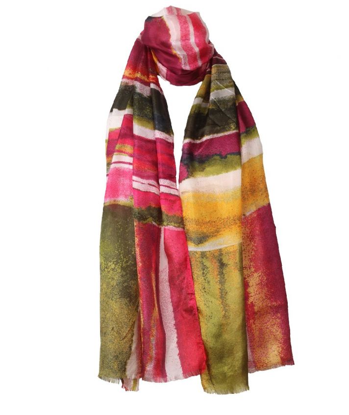 Zijden sjaal met abstracte print in roze en groen
