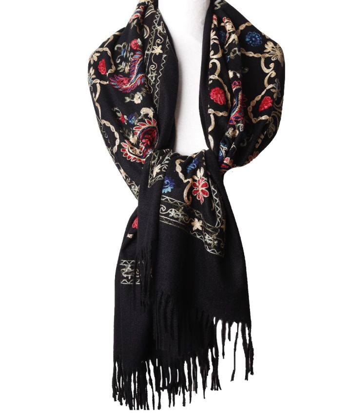 Kasjmier-blend sjaal met geborduurde bloemen