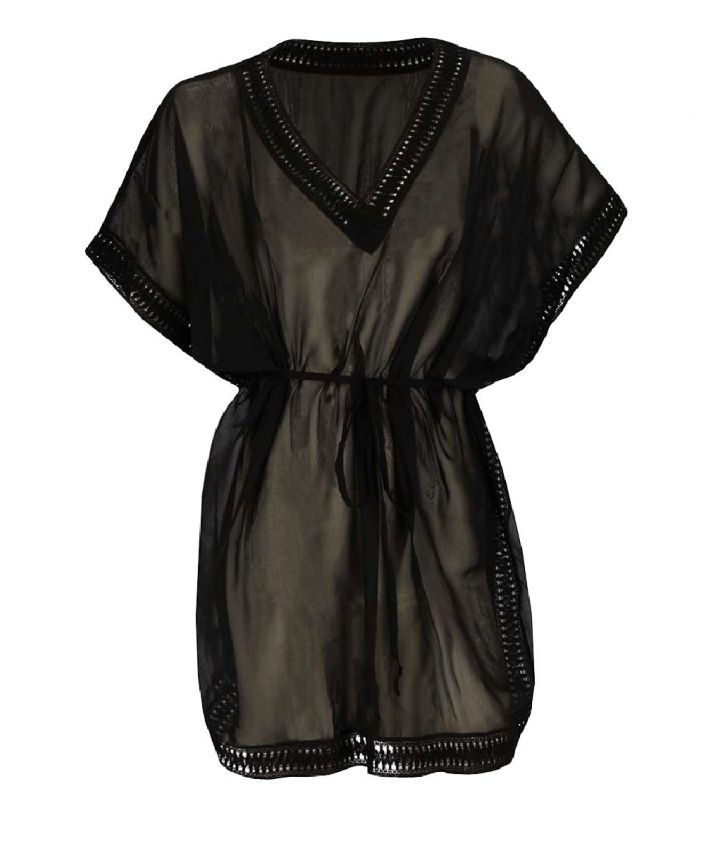 Korte voile kaftan in zwart met V-hals