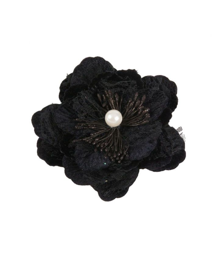 Zwarte haarbloem / broche van fluweel en kant