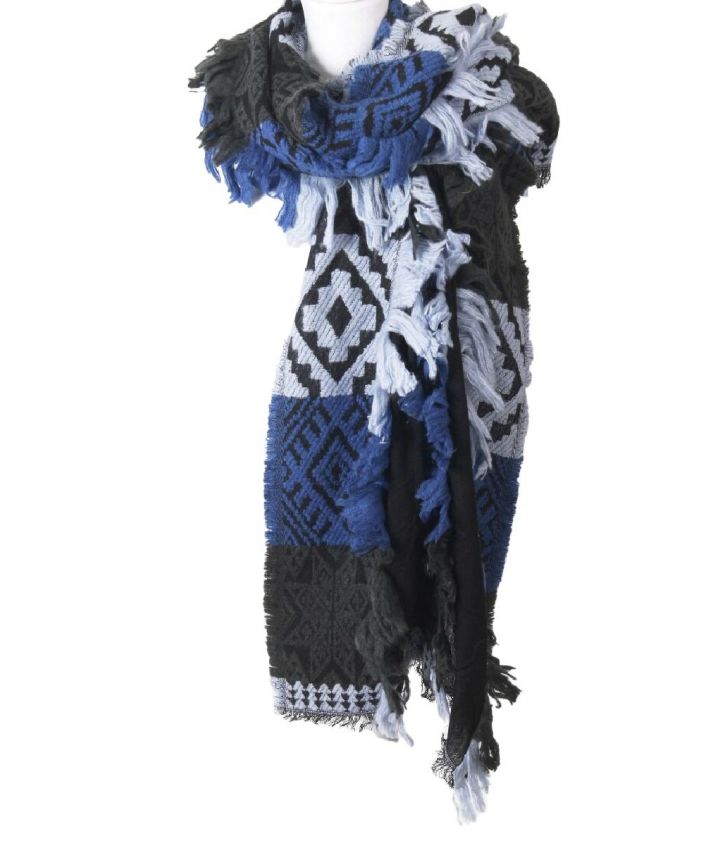 Zwarte omslagdoek/sjaal met geborduurde azteken patroon