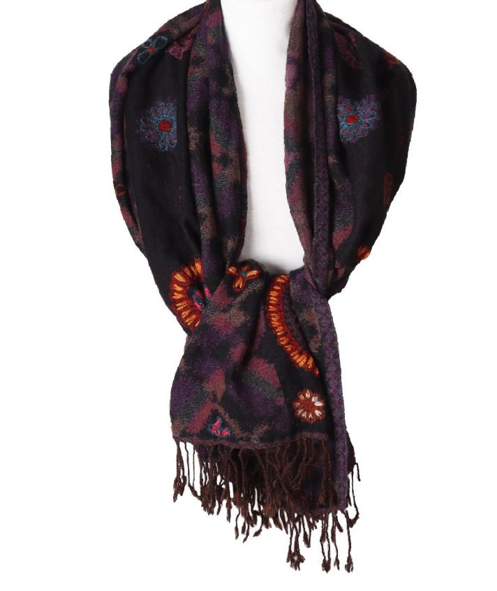 Zwarte wollen pashmina sjaal met bloemdetails