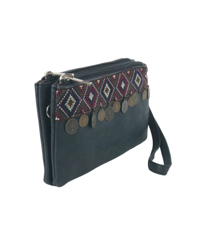 Antracietgrijze leren clutch / reisetui afgewerkt met muntjes