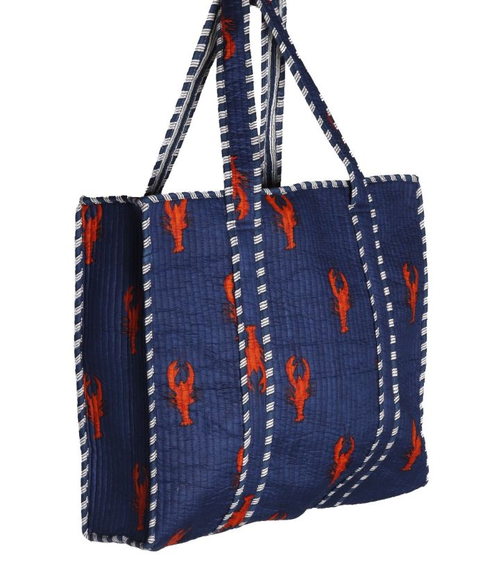 Gewatteerde shopper / schoudertas met kreeftenprint in donkerblauw