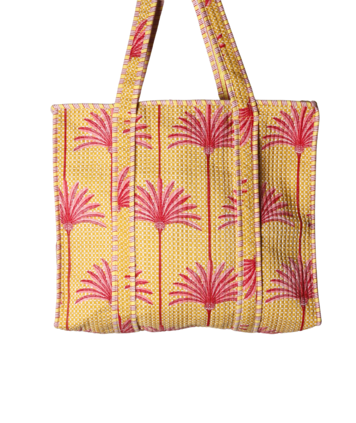 Gewatteerde shopper tas in geel met palmbomen