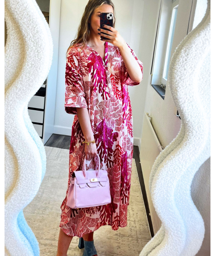 Katoenen kaftan jurk met koraalprint in hardroze