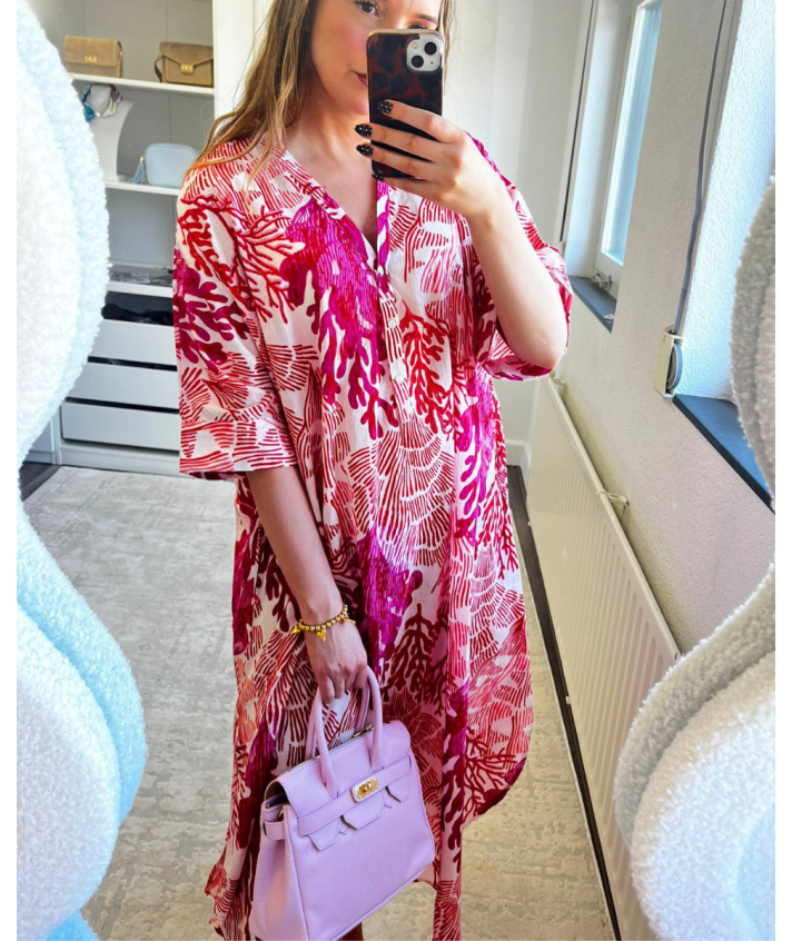 Katoenen kaftan jurk met koraalprint in hardroze