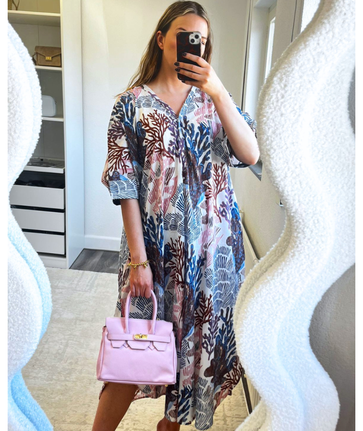 Katoenen kaftan jurk met koraalprint in bruin
