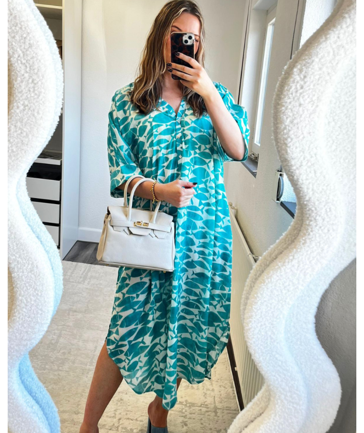 Katoenen kaftan jurk met vissenprint in turquoise