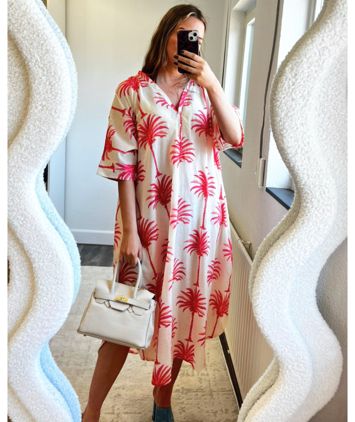 Katoenen kaftan jurk met palmbomen