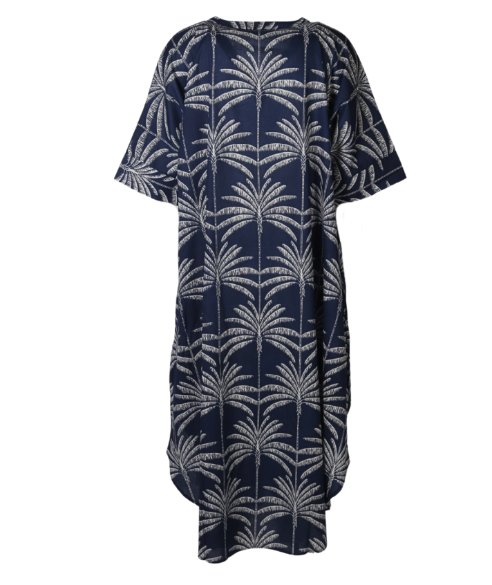 Katoenen kaftan jurk met palmbomen in donkerblauw