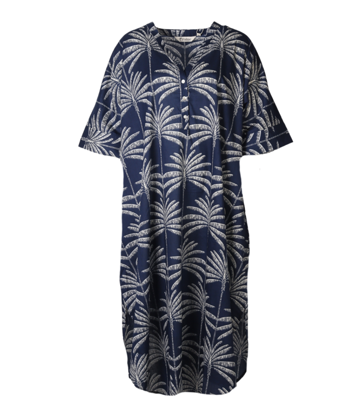 Katoenen kaftan jurk met palmbomen in donkerblauw