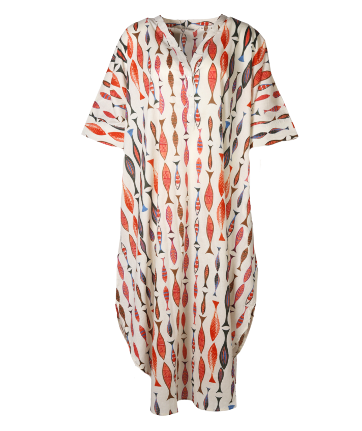 Lange kaftan jurk met vissenprint