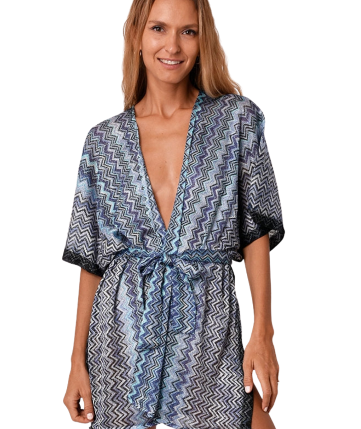 Korte kimono met zigzag patroon in blauw
