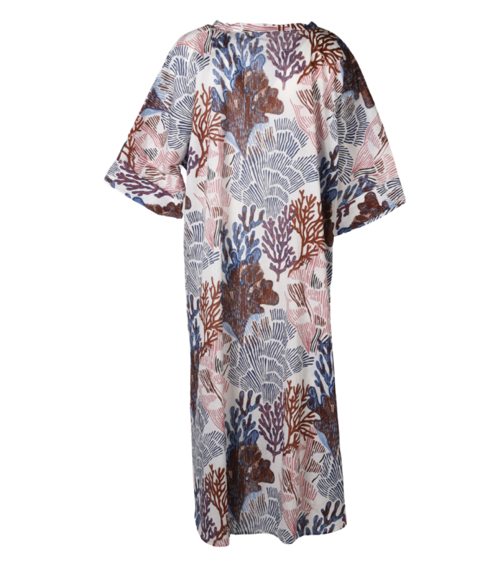 Katoenen kaftan jurk met koraalprint in bruin