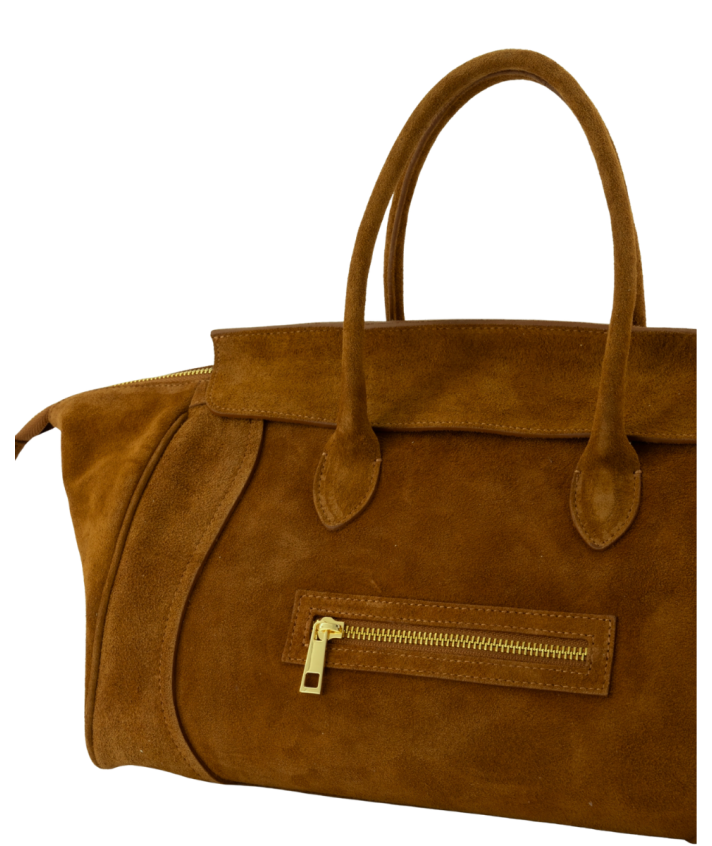 Mina suède handtas in cognac bruin