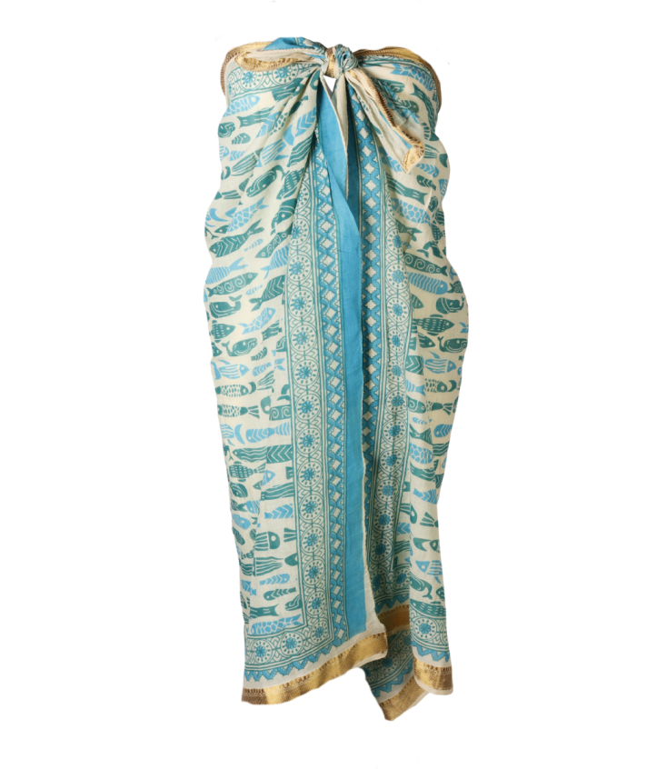 Sarong met vissenprint in turquoise