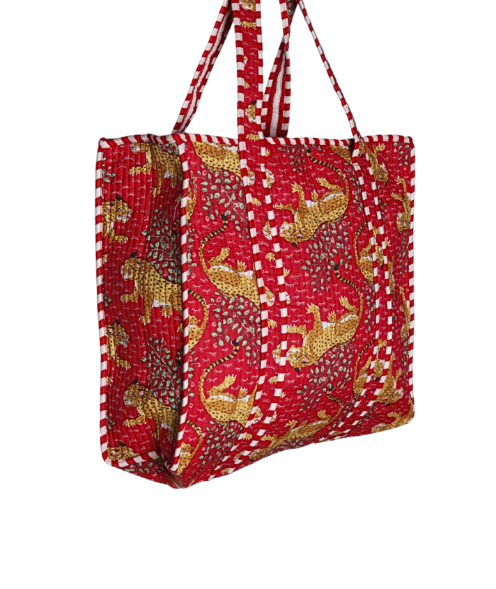 Gewatteerde schoudertas/shopper met panterprint in rood