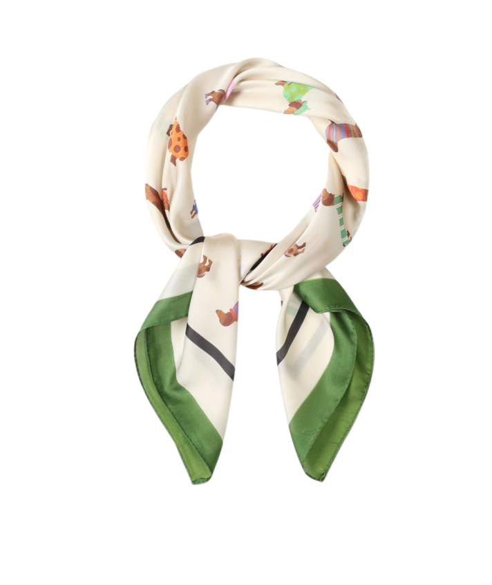 Satijn sjaaltje met teckelprint in beige