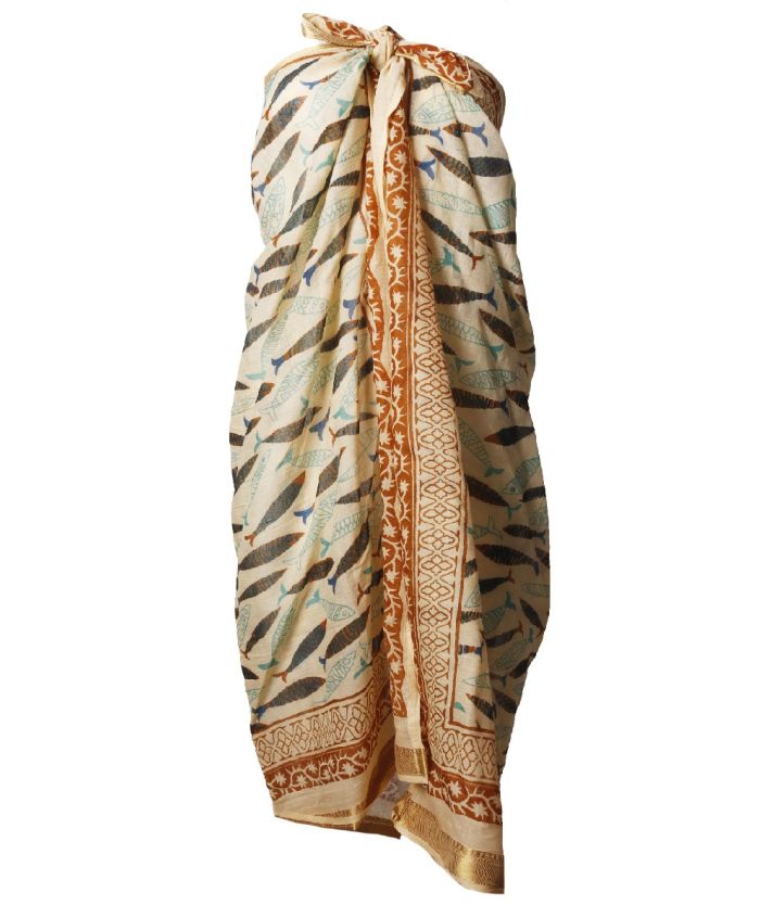 Zandkleurige sarong met vissenprint