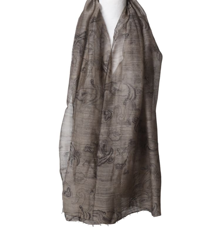 Wol-zijde sjaal in taupe met paisley patroon