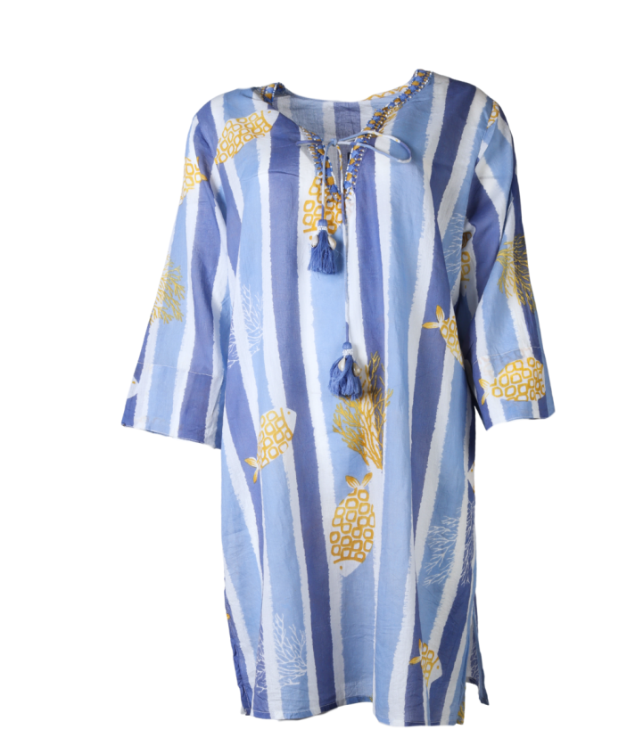 Lange tuniek met kralen hals in blauw
