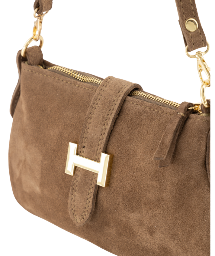 Nola suède schoudertas in donker taupe