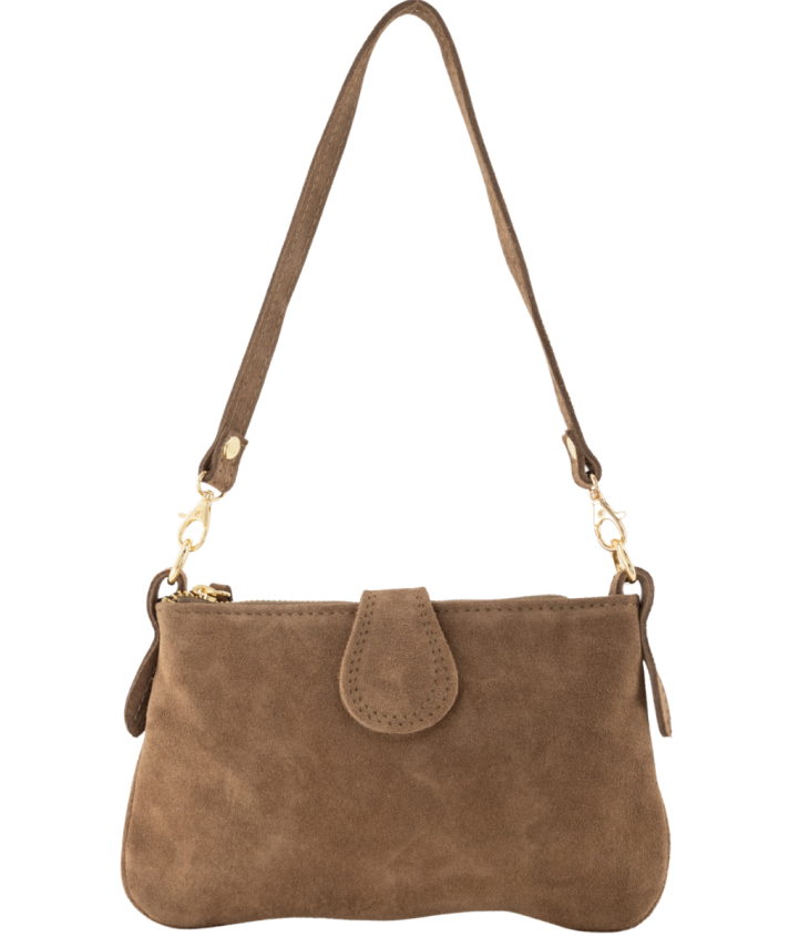 Nola suède schoudertas in donker taupe