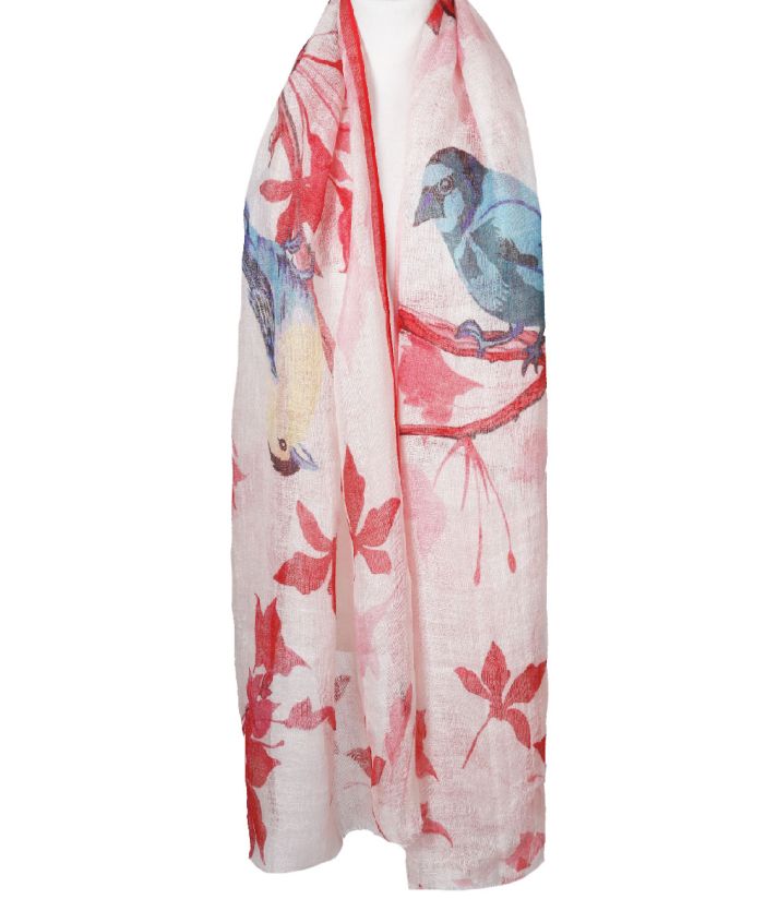 Witte linnen sjaal – bloemen & vogelprint