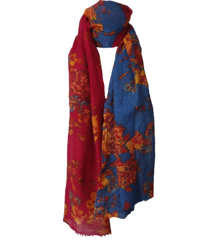 Wollen sjaal met bloemenprint in kobalt en hardroze