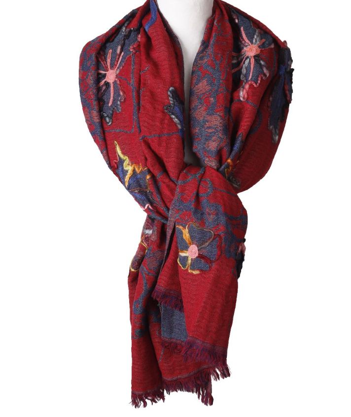 Wollen sjaal/omslagdoek in rood en jeansblauw
