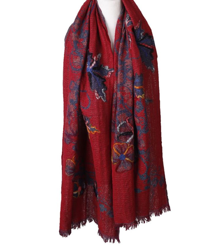 Wollen sjaal/omslagdoek in rood en jeansblauw