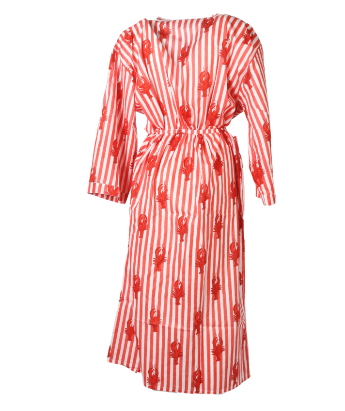Lange kimono met kreeftenprint in zalmroze