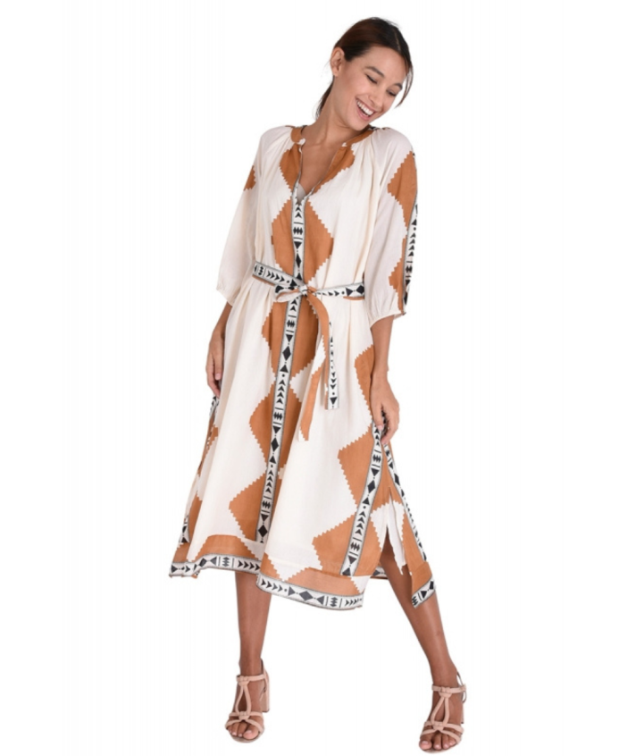 Katoenen jurk met ikat print in cognac