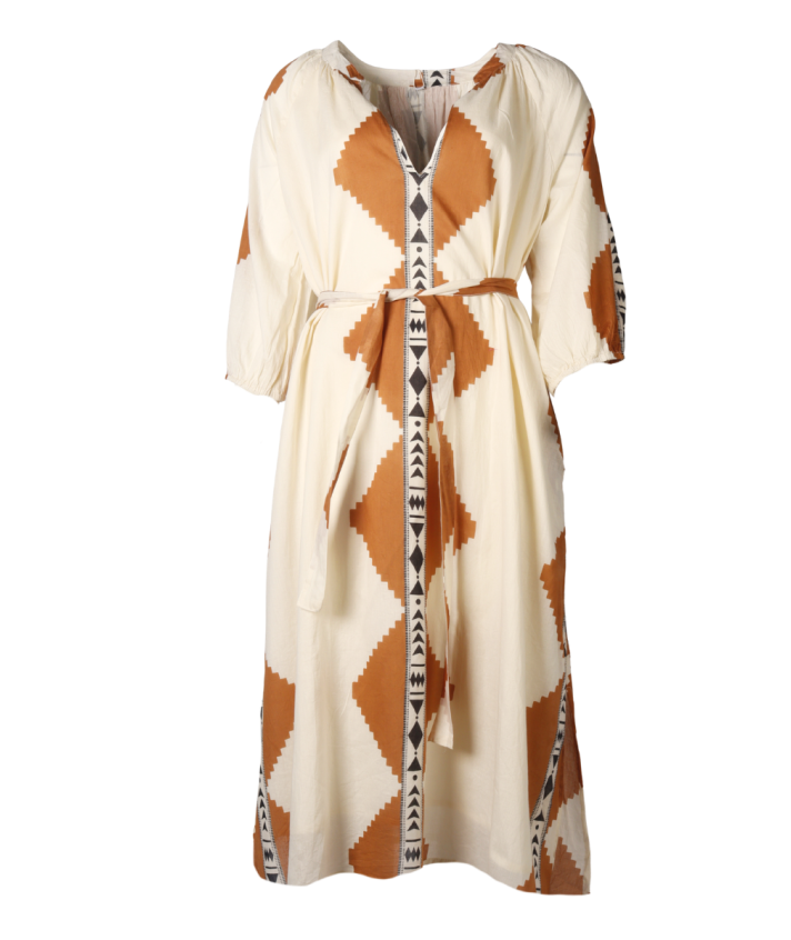 Katoenen jurk met ikat print in camel