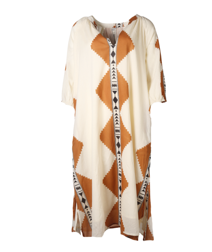 Katoenen jurk met ikat print in camel