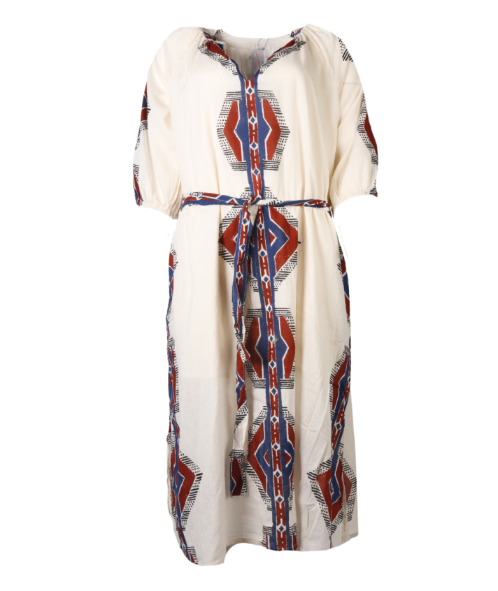 Katoenen jurk met ikat print in cognac
