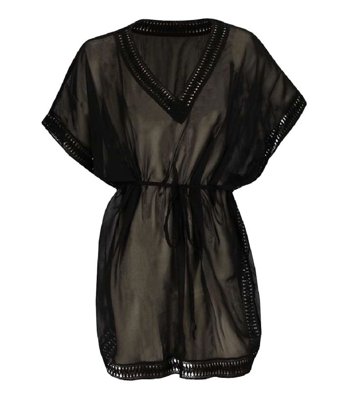 Korte voile kaftan in zwart met V-hals