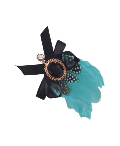 Haaraccessoire / corsage van zeegroene veertjes en een medaillon