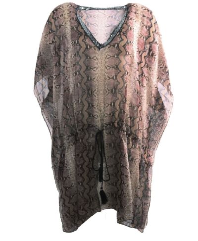 Korte kaftan met slangenprint en pailletten V-hals