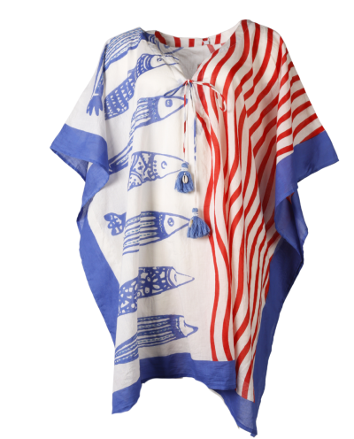 Kaftan met vissenprint in rood-blauw