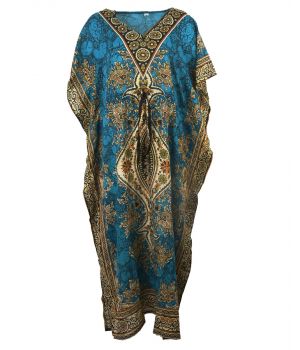 Kaftan in turquoise met mixed design en V-hals