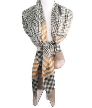 Zijden sjaal/stola met Pied-de-poule print in taupe-beige